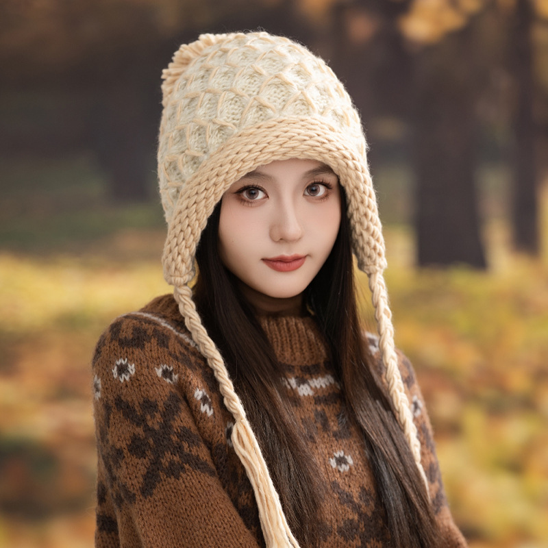 帽子女秋冬格纹粗织麻花加绒毛线帽防风保暖帽韩版大头围包头帽新|undefined