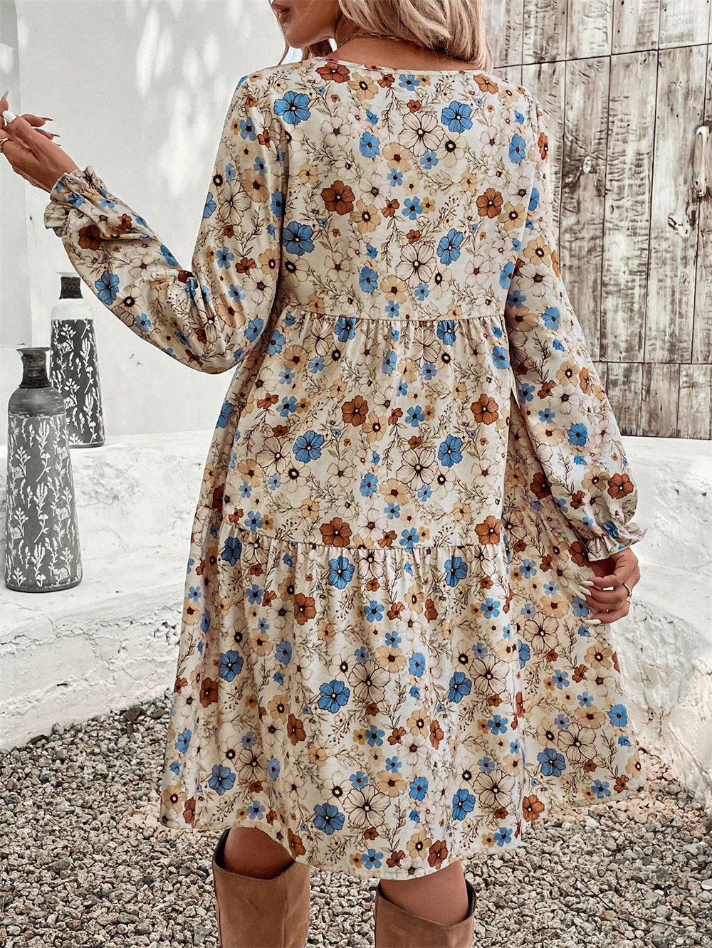 Printed round Neck Lantern Sleeve Frill Loose Casual Dress Autumn 5 Printed round Neck Lantern Sleeve Frill Loose Casual Dress Autumn