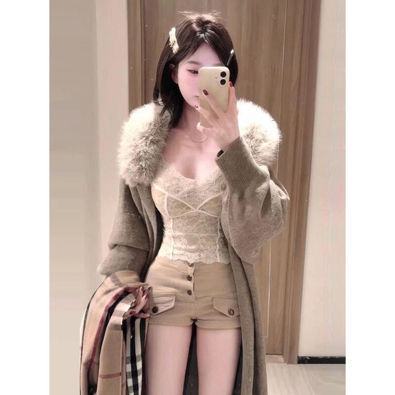 Faux fur collar long coat, autumn and winter knitted cardigan sweater, women's thick coat, loose and fashionable Korean style Faux fur collar long coat, autumn and winter knitted cardigan sweater, women's thick coat, loose and fashionable Korean style
