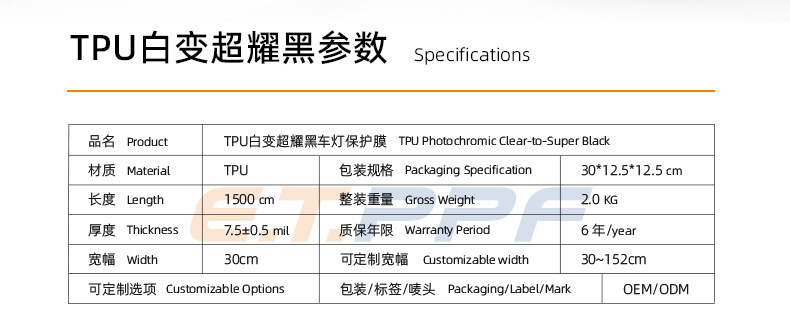 White to Super Black 25% Photochromic TPU Headlight Protection Film, Scratch-Resistant, Self-Healing, Automotive Supplies Film