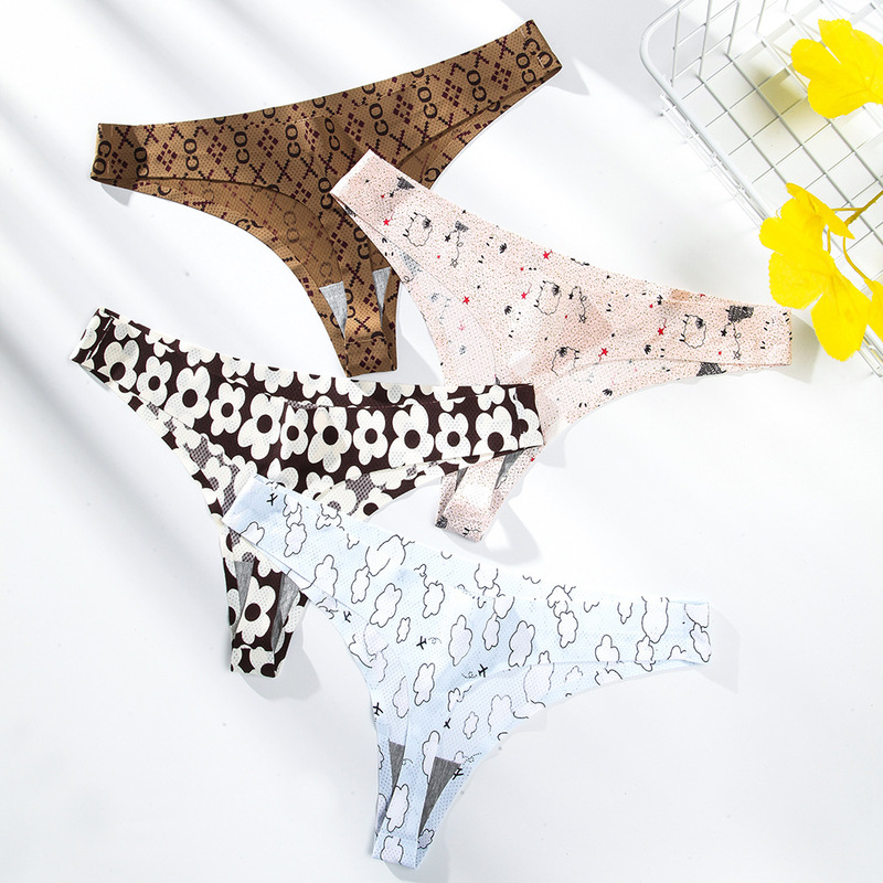 in stock foreign trade Europe and the United States sexy thong ladies ice silk seamless printing low waist thin antibacterial crotch factory outlet