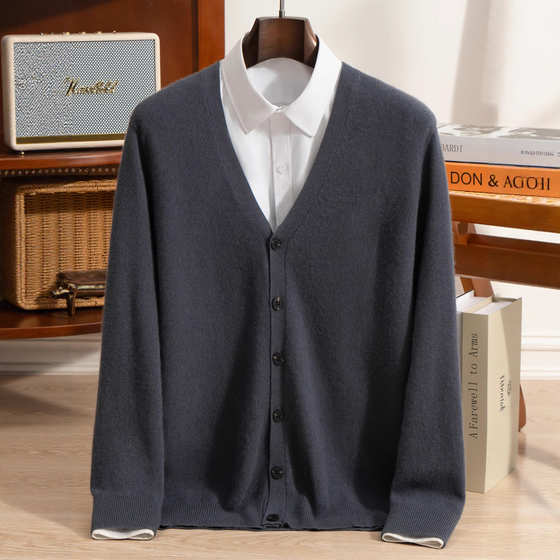 Casual Business 100% Pure Cashmere V Neck Cardigan for Men, Commuter Knitted Jacket, Soft and Skin-Friendly Layered Sweater