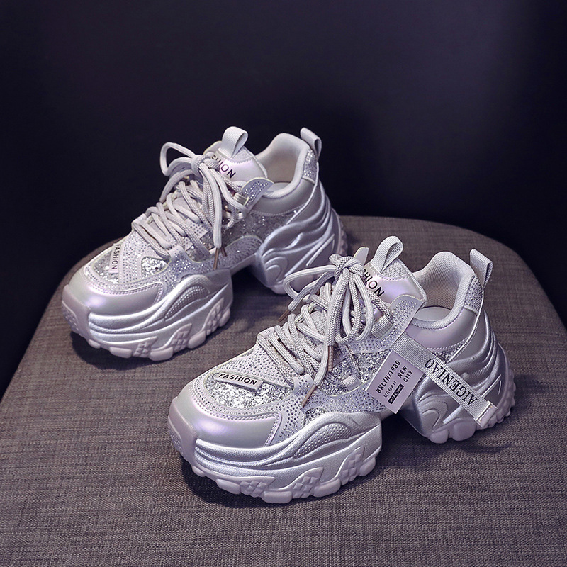 Trendy Popular Fashion Sequin Dad Shoes for Women Thick-Soled 2025 Autumn New Breathable Versatile Casual Sports Shoes