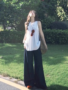 White Design Lace-Up Camisole Women's Summer Mid-Length Loose Pleated Sleeveless Shirt Babydoll Top