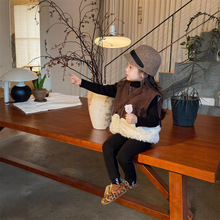 2025冬季新款 韩版童装 女童加绒相拼毛带包包外套 儿童保暖马甲