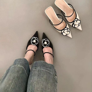 French-Style Small High-Heeled Retro Closed-Toe Mules for Women, 2025 New Summer Outdoor Chanel-Style Thin-Heeled Sandals