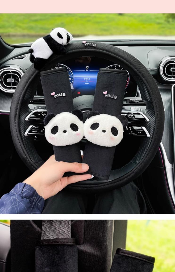 Car seat belt shoulder pad panda cute shoulder pad plush car steering wheel handle set decorative doll cartoon