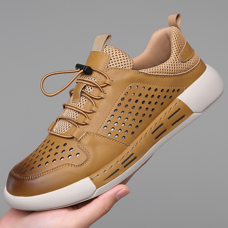 2025 Summer New Men's Hollow Sandals with Elastic Band, Soft Leather Closed Toe, Thick Sole, Perforated and Breathable