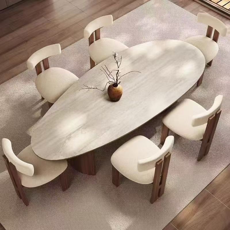 French Mid-Century Style Drop-Shaped Travertine Slate Dining Table Walnut Solid Wood Home Retro Style Solid Wood Dining Table