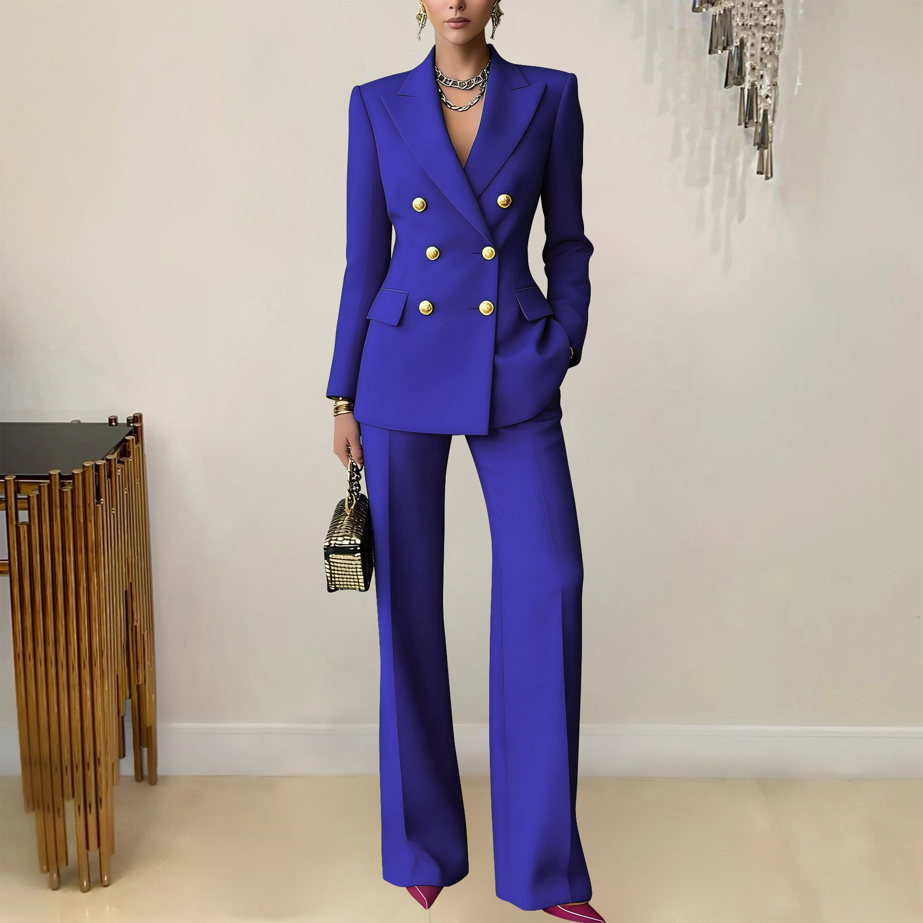 Women's Solid Color Button Suit Trousers Set With Lapel Professional_ecoleips.com