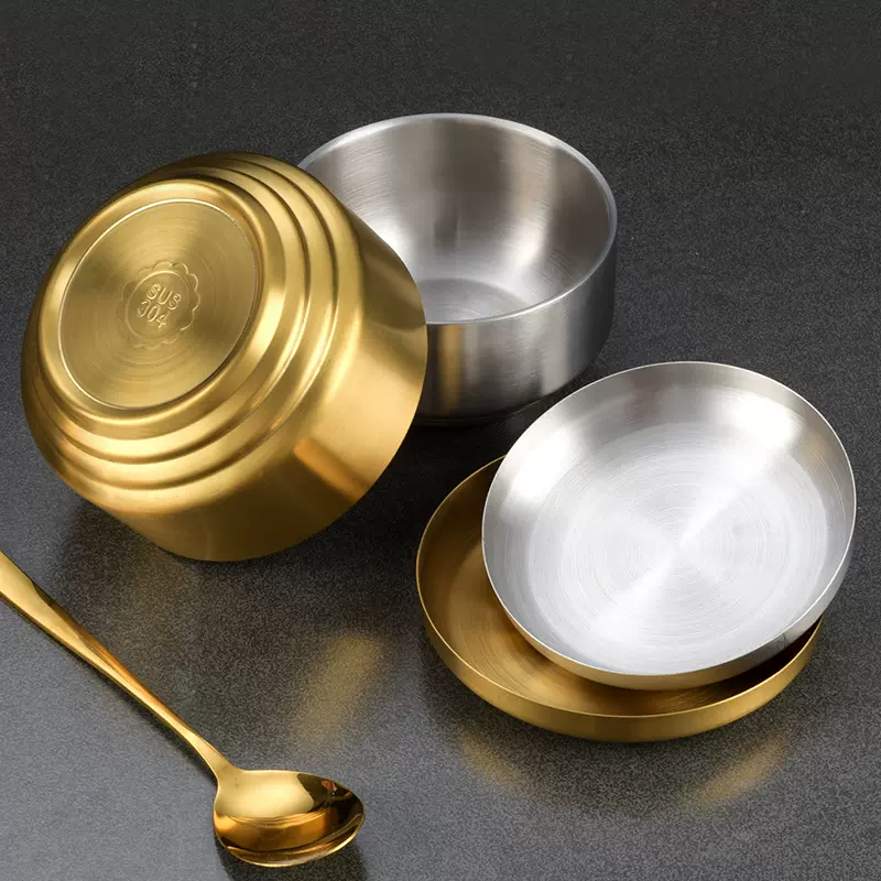 304不锈钢双层米饭碗带盖家用防烫隔热儿童碗汤碗镀金韩式泡菜碗