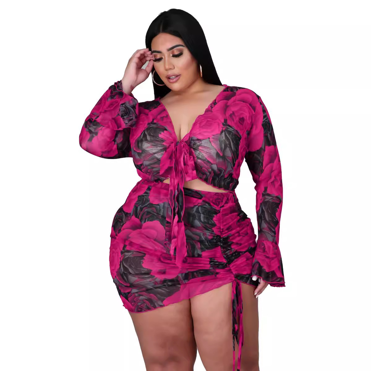 Women's plus Size Printed Two Piece Set Long Sleeve Drawstring Mesh Nightclub Style Sexy Polyester Clothing_voghion.com