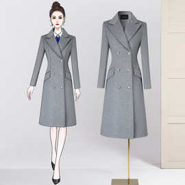 职业大毛呢灰色羊毛大衣女长款双排扣高级感售楼部物业工作服外套