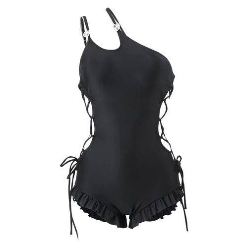 New pure lust style Internet celebrity ins Korean small fragrance wind diamond buckle slanted shoulders cover belly slimming hot spring one-piece swimsuit for women