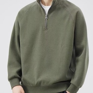 Winter New Texture Pit Striped Half Zipper Corduroy Cotton fleece-lined Sweater Men's Fashionable All-match Loose Long-sleeved T