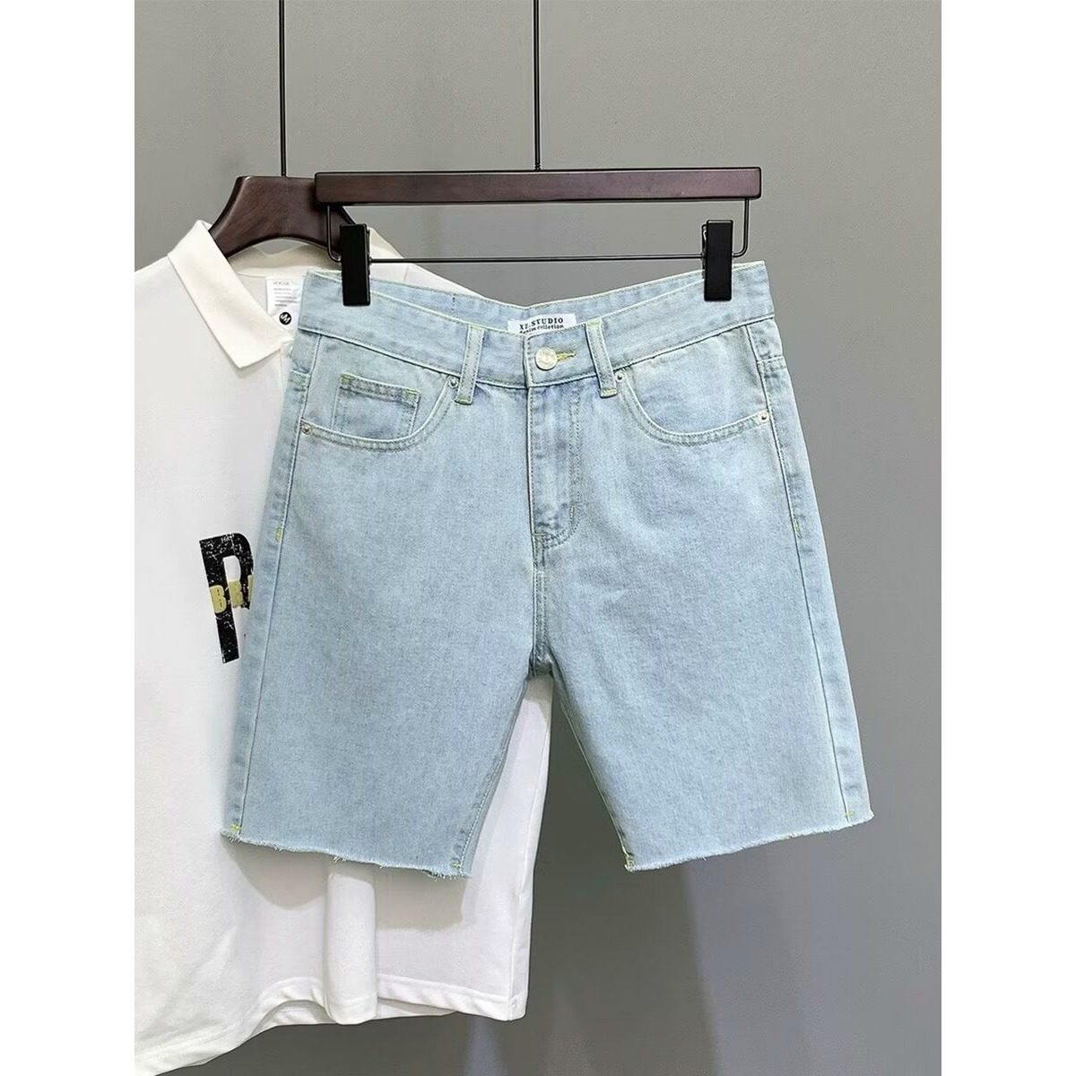 Men's Stretch Denim Shorts With Embroidery And Print Designs, Slim Fit 5-Pocket Casual Shorts For Summer Street Style_mkmklike.com