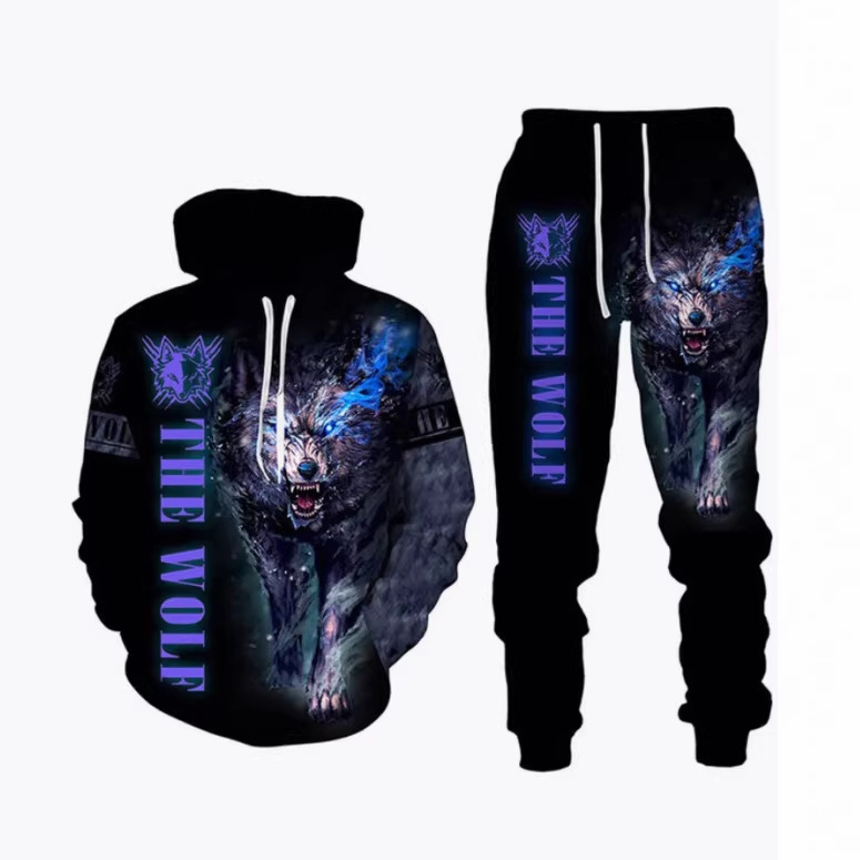 Temu Aliexpress Beast Pattern Series 3D Digital Print Casual Hooded Sweatshirt and Sweatpants Set