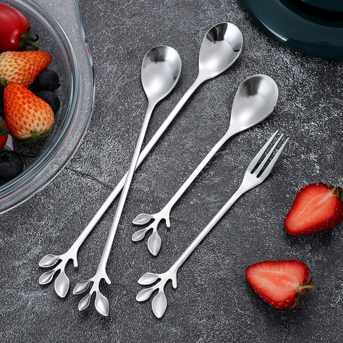 Stainless steel creative high-end leaf-shaped spoon and fork, soup spoon, coffee spoon, household eating spoon, long-handled stirring spoon, dessert fork