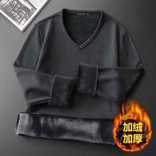 Autumn and winter long sleeves, warm and velvet, men's V-neck T-shirt, bottom shirt, men's pure color, chicken heart collar, thick autumn clothes