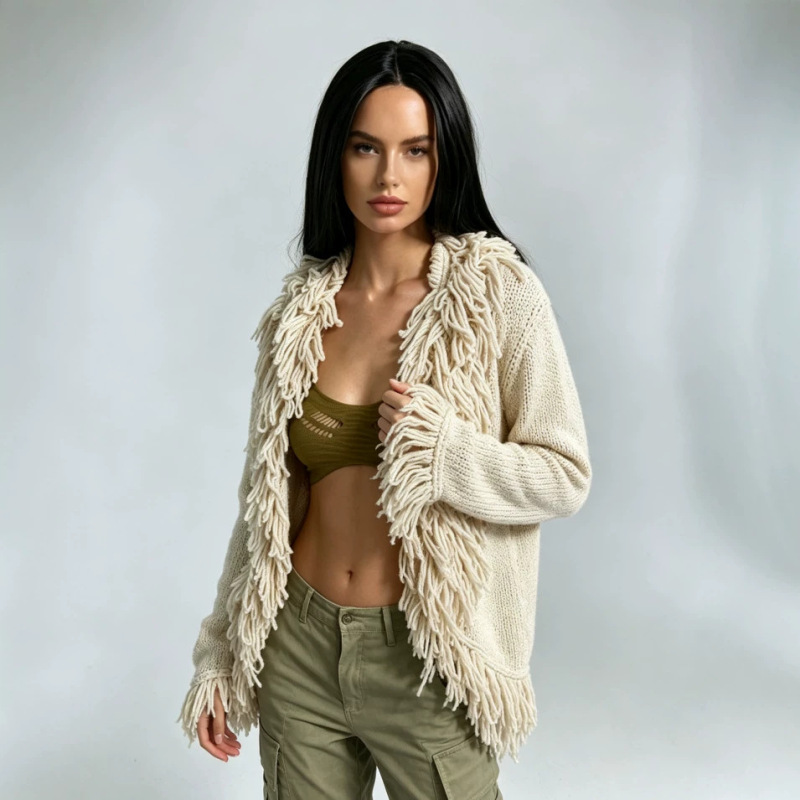 Cross-border European and American knitted cardigan with tassels, vintage bohemian style, chunky knit, hollowed-out, loose-fitting, fringed jacket for women Cross-border European and American knitted cardigan with tassels, vintage bohemian style, chunky knit, hollowed-out, loose-fitting, fringed jacket for women