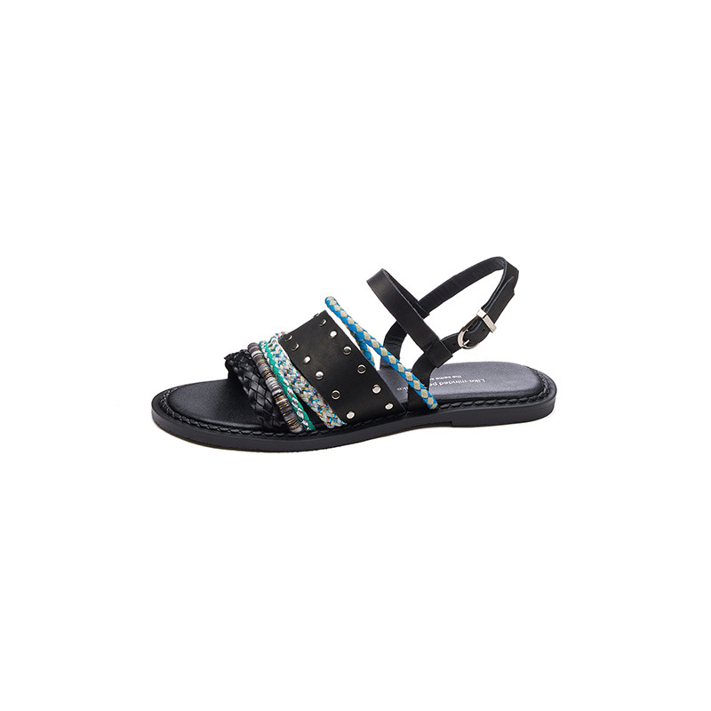 Dép sandal nữ quai ngang đế bằng da bò dệt phối màu, kiểu La Mã hở mũi — đen