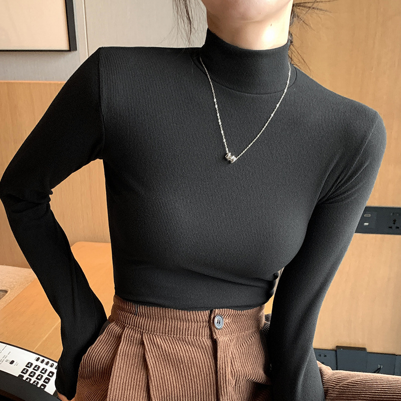 H329 ニットハーフタートルネックボトリングシャツ女性のための新しい秋と冬の黒と白の秋の服西洋スタイルミッドカラープルオーバー長袖|undefined