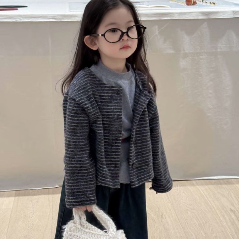 韩版童装2025秋季新款女宝宝条纹开衫花边打底衫牛仔阔腿裤三件套|undefined