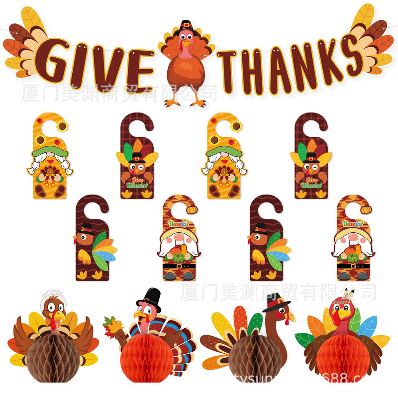 Autumn Thanksgiving Decoration Set Bulletin Board Banner Flag Balloon Spiral Turkey Honeycomb Photo Prop Glasses Door Hanging Decoration