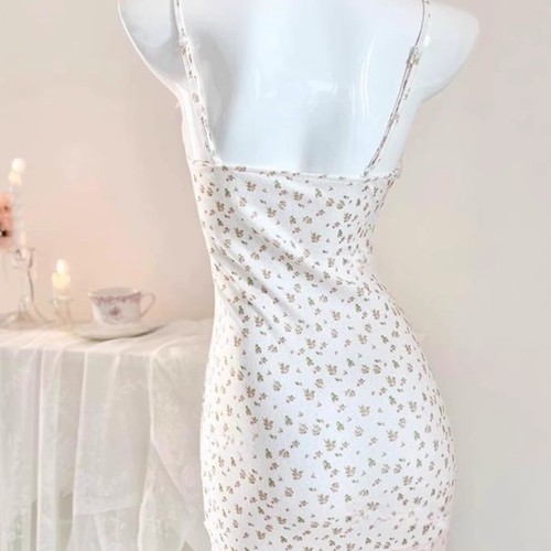 Alluring Sweet and Spicy Pure Desire Bodycon Tank Top Sleep Dress with Bra Pads Small Floral Body Shaping Tight Short Skirt