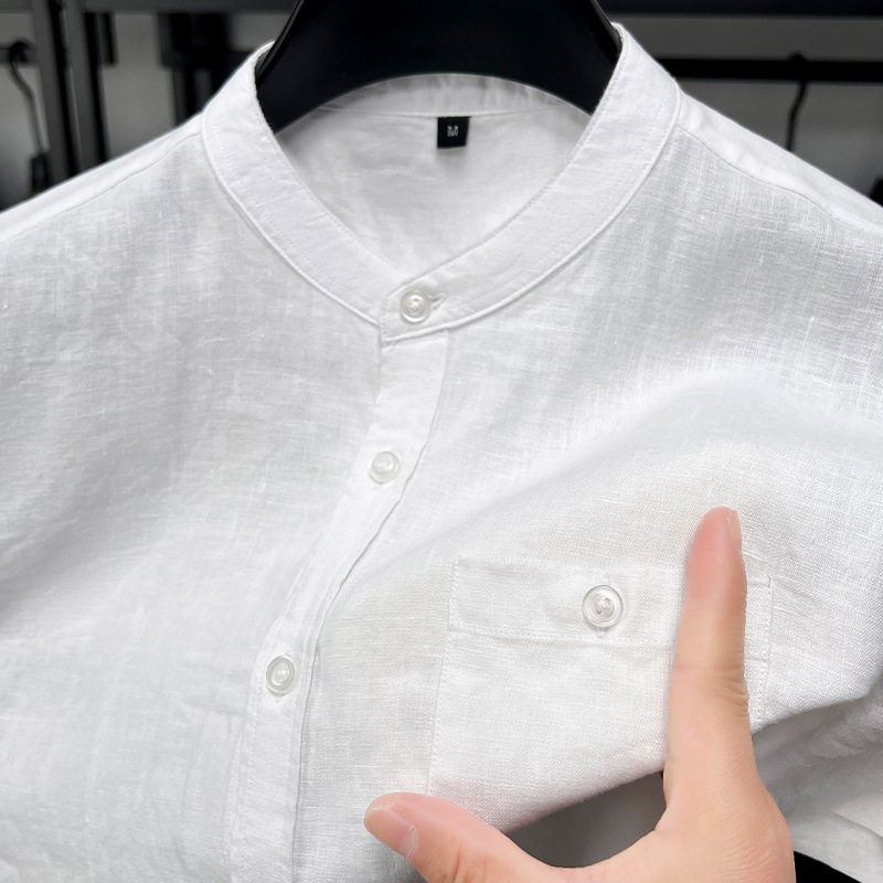 100% リネン半袖 Tシャツメンズシャツ無地スタンドカラー夏の新しい中国風の若者と中年のシャツ薄いスタイル|undefined