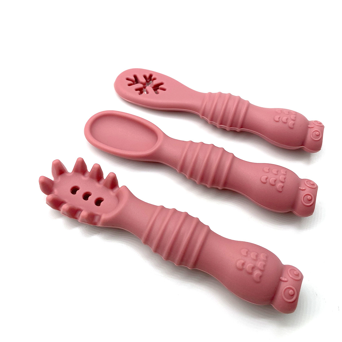 Búho bebé comiendo tenedor cuchara bebé entrenamiento comida complementaria pasta de arroz tenedor cuchara silicona mango largo molar suave tenedor cuchara fábrica