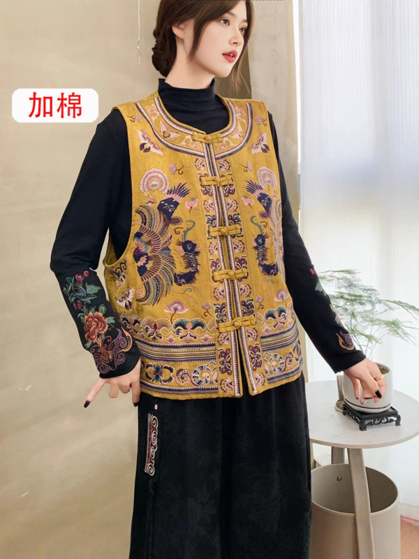 2025秋冬款加棉国风缎面重工刺绣女坎肩宽松版女士对称绣民族风马|undefined