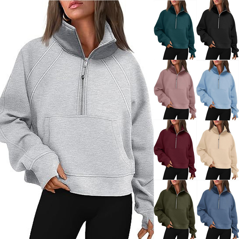 2023 Autumn/Winter European and American Foreign Trade Cross-Border Women's Clothing Amazon Half-Zip Stand Collar Solid Color Sweatshirt Long Sleeve Casual Versatile