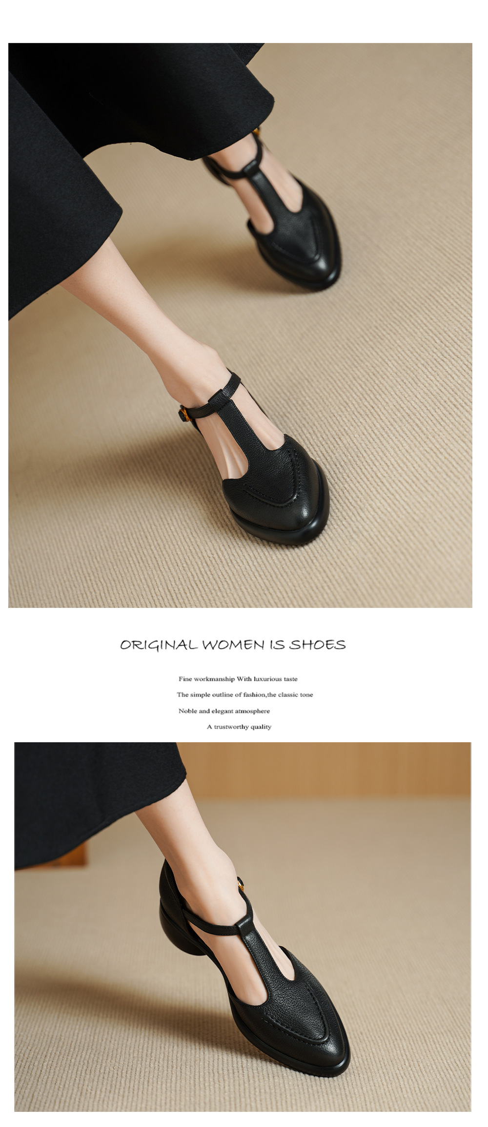 Sandal nữ quai chữ T gót vuông 5 cm mũi kín hở gót phong cách vintage — đen chi tiết 9