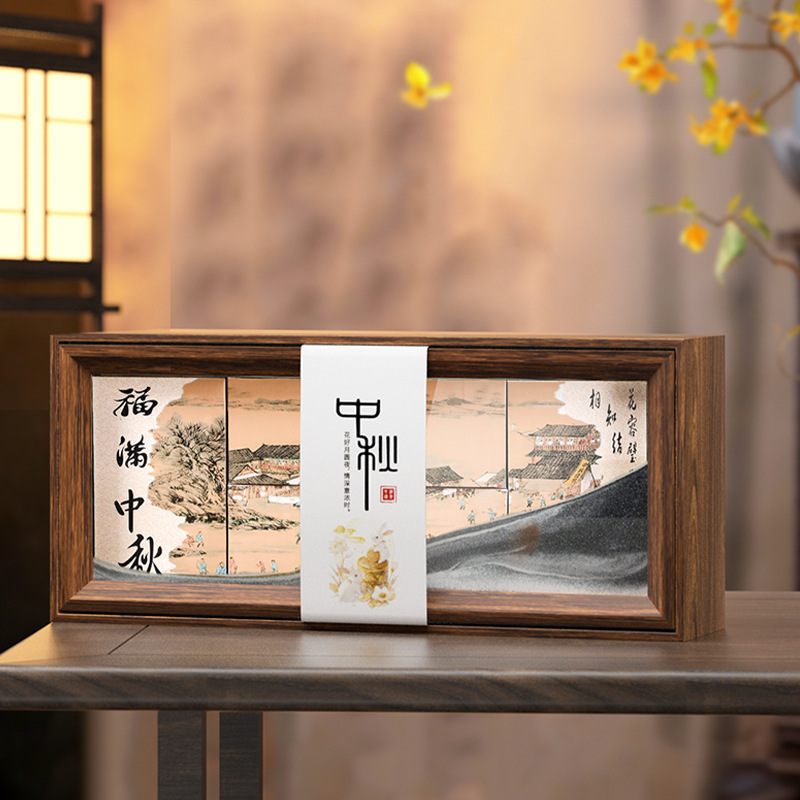 カスタマイズされた 2025 中秋節月餅ボックスギフト中国風 6/8 流砂絵画包装箱ハイエンド木箱|undefined