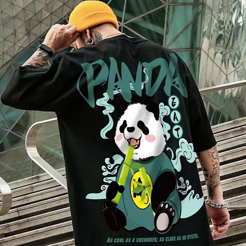 Cross-Border Summer Trendy Sports T-Shirt Loose Half-Sleeve Hip-Hop Graffiti Panda Ghost Face Print Top Trendy Half-Cut