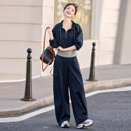 慵懒风休闲运动工装套装女2025秋新款假两件拼接上衣阔腿裤二件套