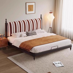 ♔ French Retro-Style Fabric Removable and Washable Double Bed Master Bedroom Upholstered Bed American Mid-Century Style 1.8m Fabric