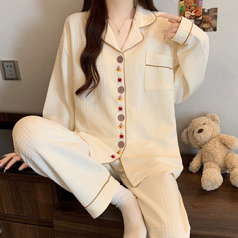 Casual Waffle Plaid Embroidered Puppy Ins Style Spring and Autum Air Cotton Pajamas Women's Home Wear Set Wholesale Casual Waffle Plaid Embroidered Puppy Ins Style Spring and Autum Air Cotton Pajamas Women's Home Wear Set Wholesale