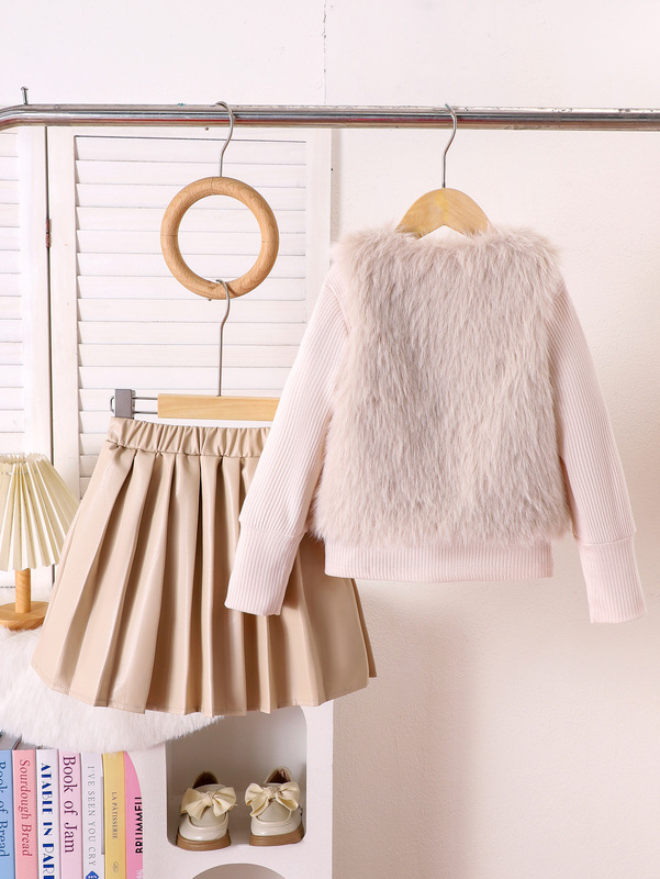 Kids clothing 跨境外贸秋冬新款小童杏色毛毛马甲打底衫百褶短裙|undefined