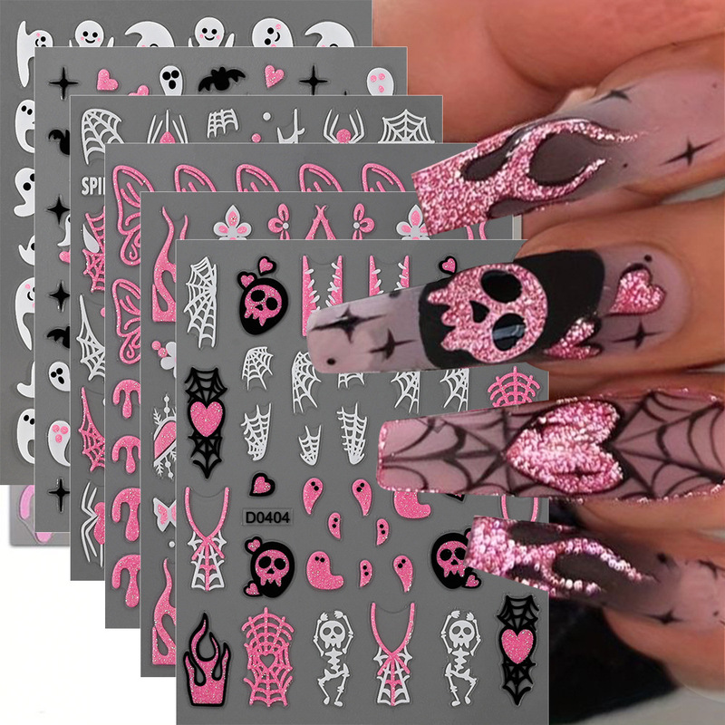 2025 new pink with glitter Halloween nail stickers European and American style ghost spider flame adhesive nail stickers