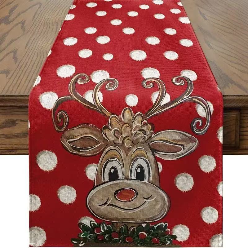 北欧クリスマスリビングルームテーブル装飾テーブルフラグファッションシンプルなヘラジカプリントリネン漫画クリスマステーブルフラグ卸売|undefined
