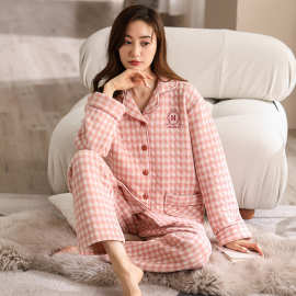 睡衣女冬天加厚纯棉夹层翻领开衫休闲风外穿家居服加棉空气棉套装