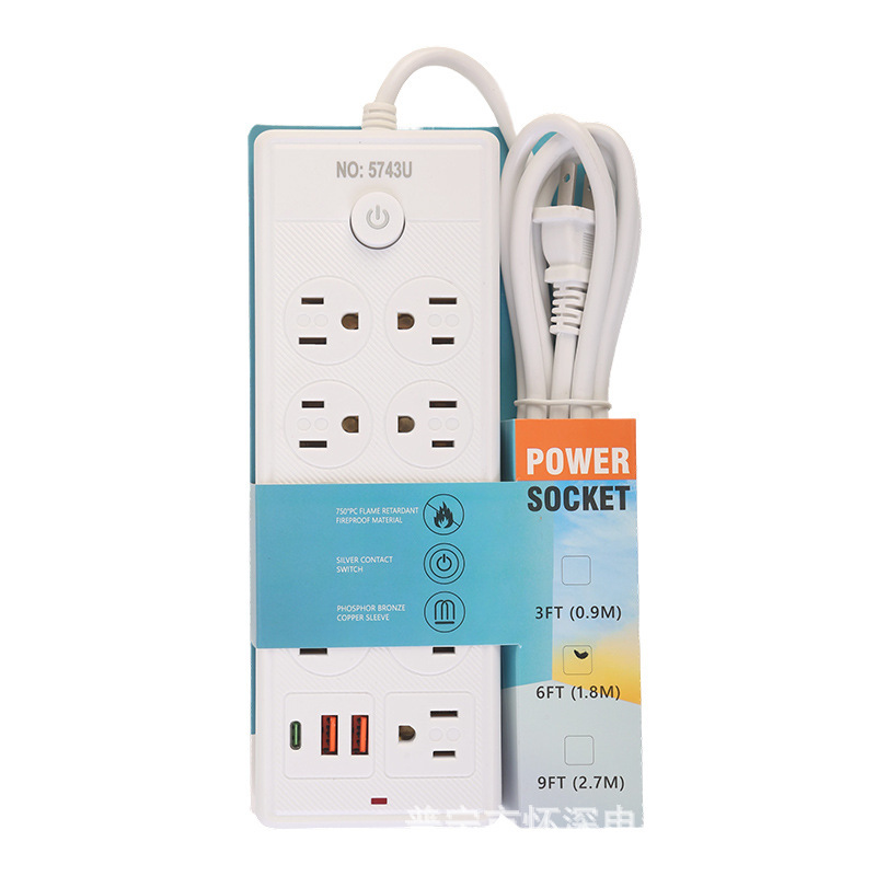 2USB + 1Type-c estándar estadounidense América del Sur México 6FT comercio exterior enchufe blanco y negro 27 agujeros 9 posiciones 110V