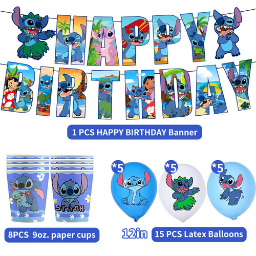 Cartoon Stitch: Lilo & Stitch-themed Birthday Party Paper Plate, Paper Cup, Tissue, Bunting, Tableware, and Decorative Set for Use