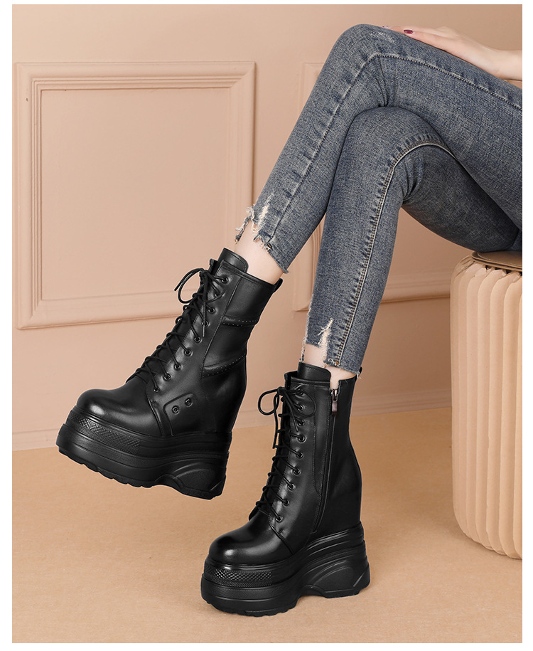 Boot nữ cổ thấp đế dày platform gót 14 cm phong cách Anh Quốc — Lót nhung đen chi tiết 2