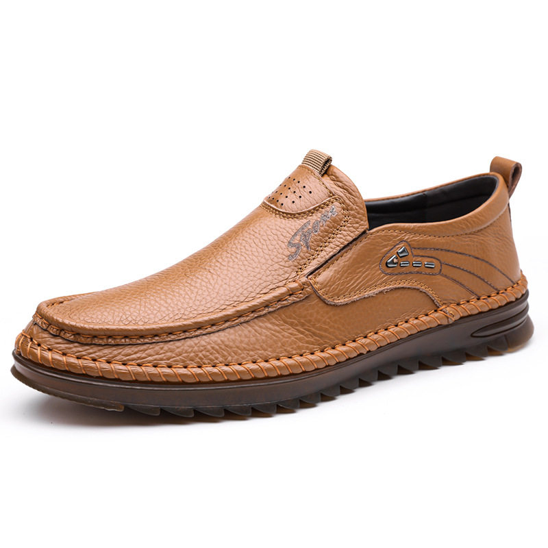 Giày lười nam da bò lớp đầu cỡ lớn, mũi tròn, đế bằng, phong cách casual — Màu nâu, Màu trắng ngà, màu đen