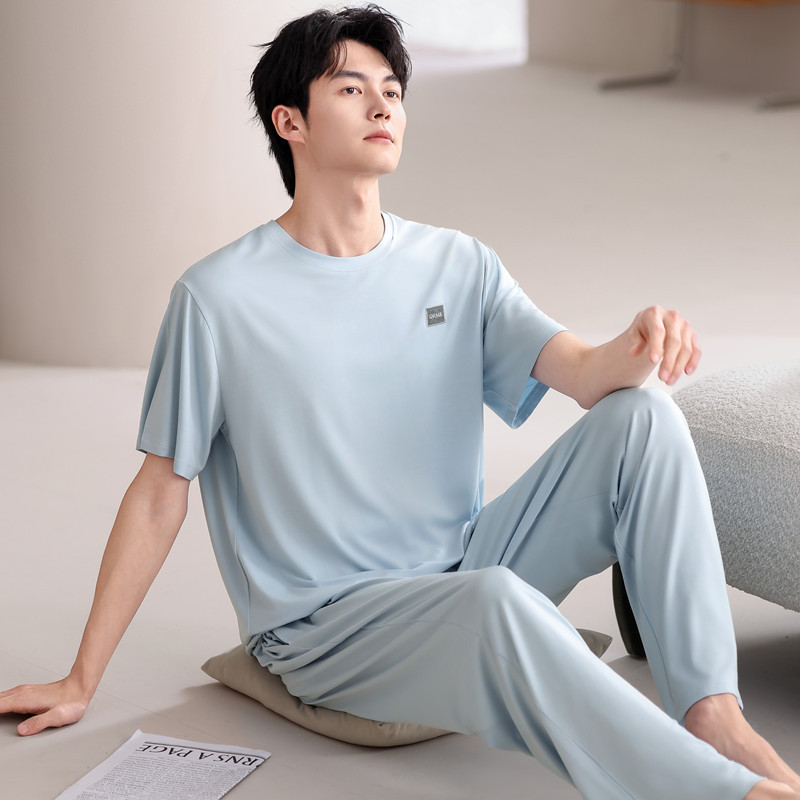 モーダルパジャマ男性夏の薄い氷糸半袖ズボン2点セットの大きいサイズの丸首カバーの家庭服