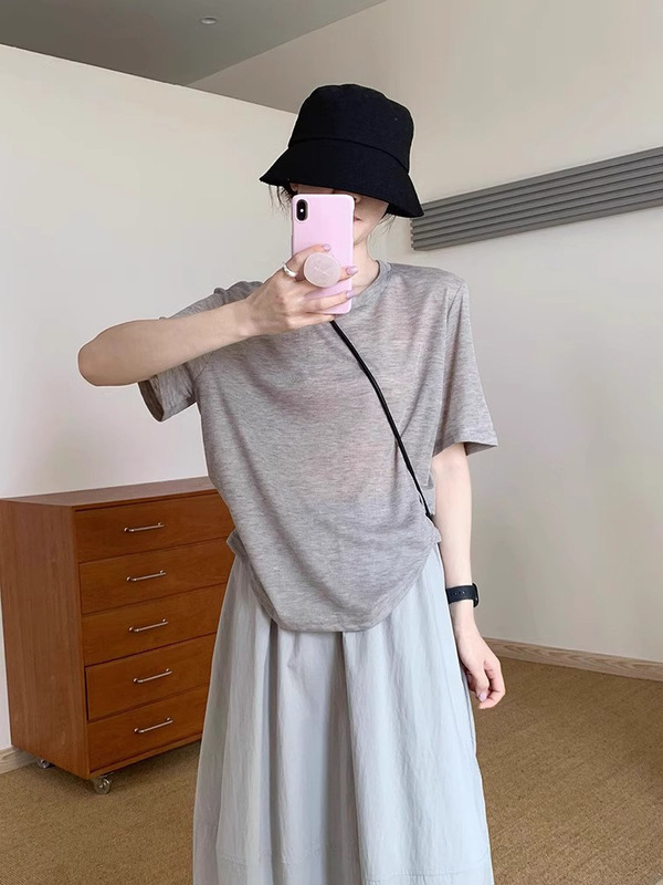夏薄手ゆったり韓国風リヨセルラウンドネック右肩半袖Tシャツレディース無地万能着痩せ半袖トップス|undefined
