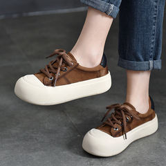 First-layer cowhide casual shoes for women 2024 spring red lace-up low-cut large round-toe women's shoes retro flat-heeled sneakers